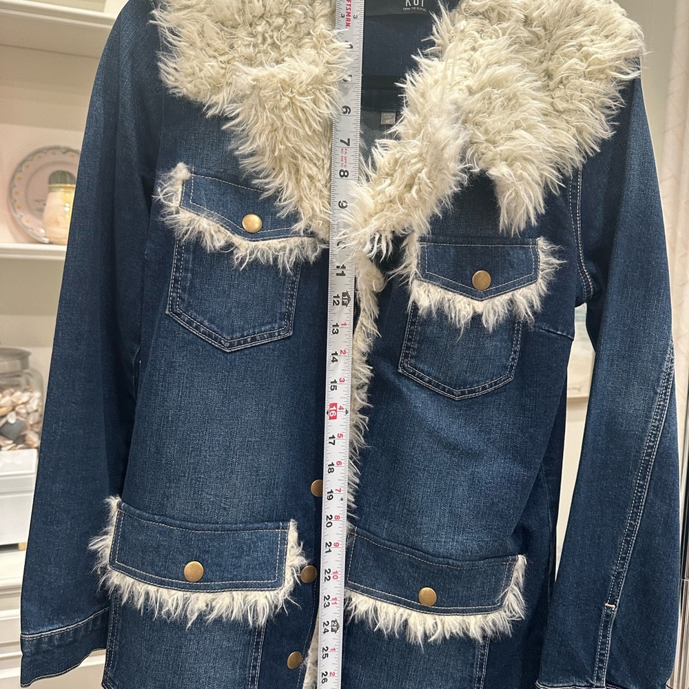 Kut from the Kloth Blue Denim Jacket with Cream Faux Fur Trim